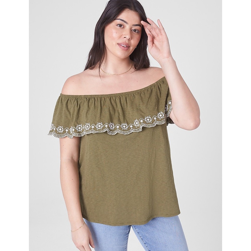 Lane‎ Bryant Boho Off Shoulder Embroidered Ruffle Top 18/20 Olive Green NWT